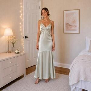 Belsoie Y2K Sage Green Satin Formal Maxi Dress Size 4